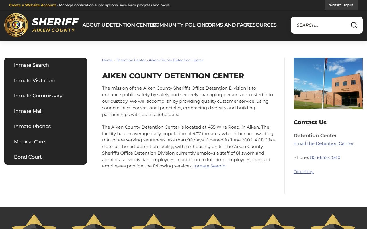 Aiken County Detention Center inmate lookup facility page