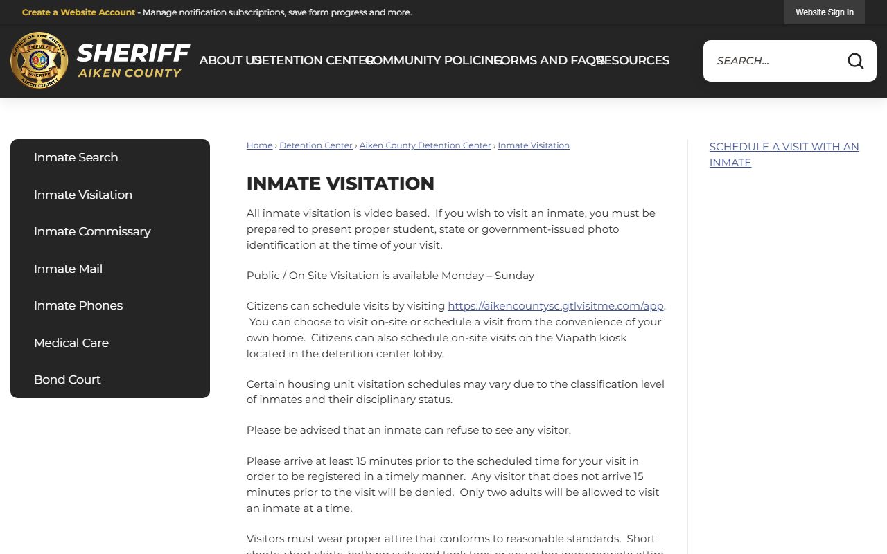 Aiken County Detention Center visitation rules for inmates