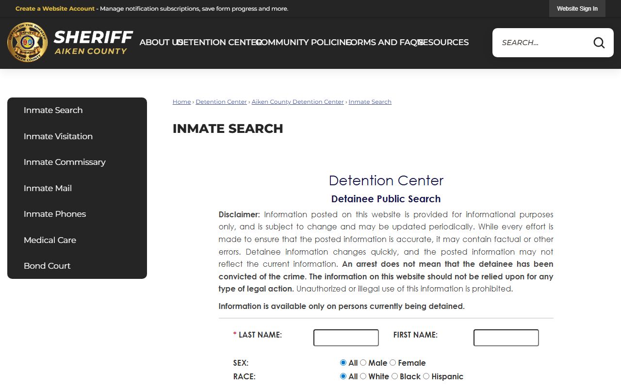 Aiken County inmate records sheriff inmate search page